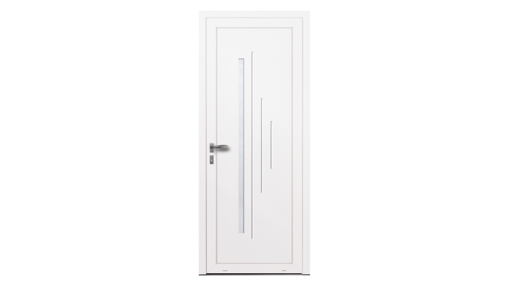Porte d'entrée PVC parclosé TAGE Porte d'entrée blanche avec plusieurs décors horizontaux dont 1 rectangle vitré